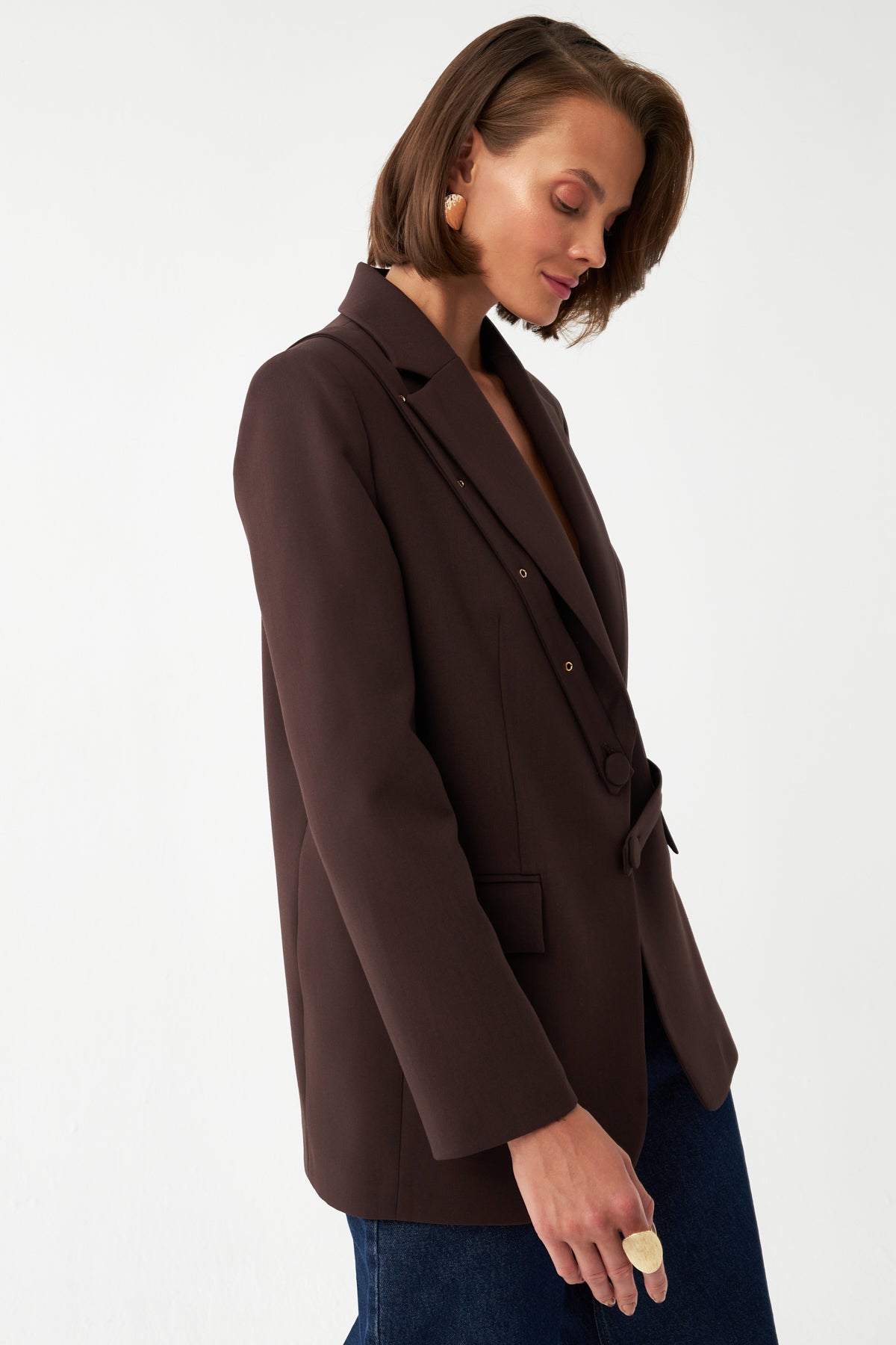 Düğme Detaylı Kahverengi Blazer Ceket