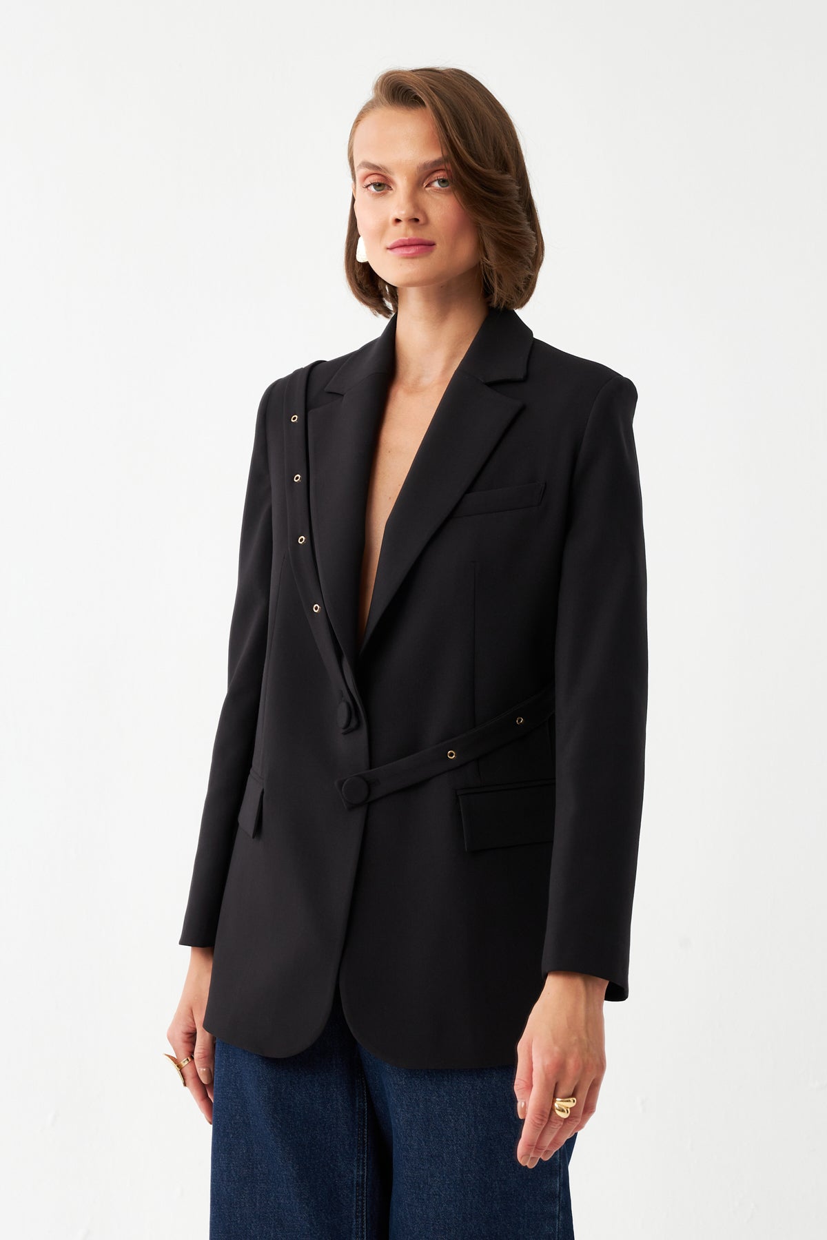 Düğme Detaylı Siyah Blazer Ceket