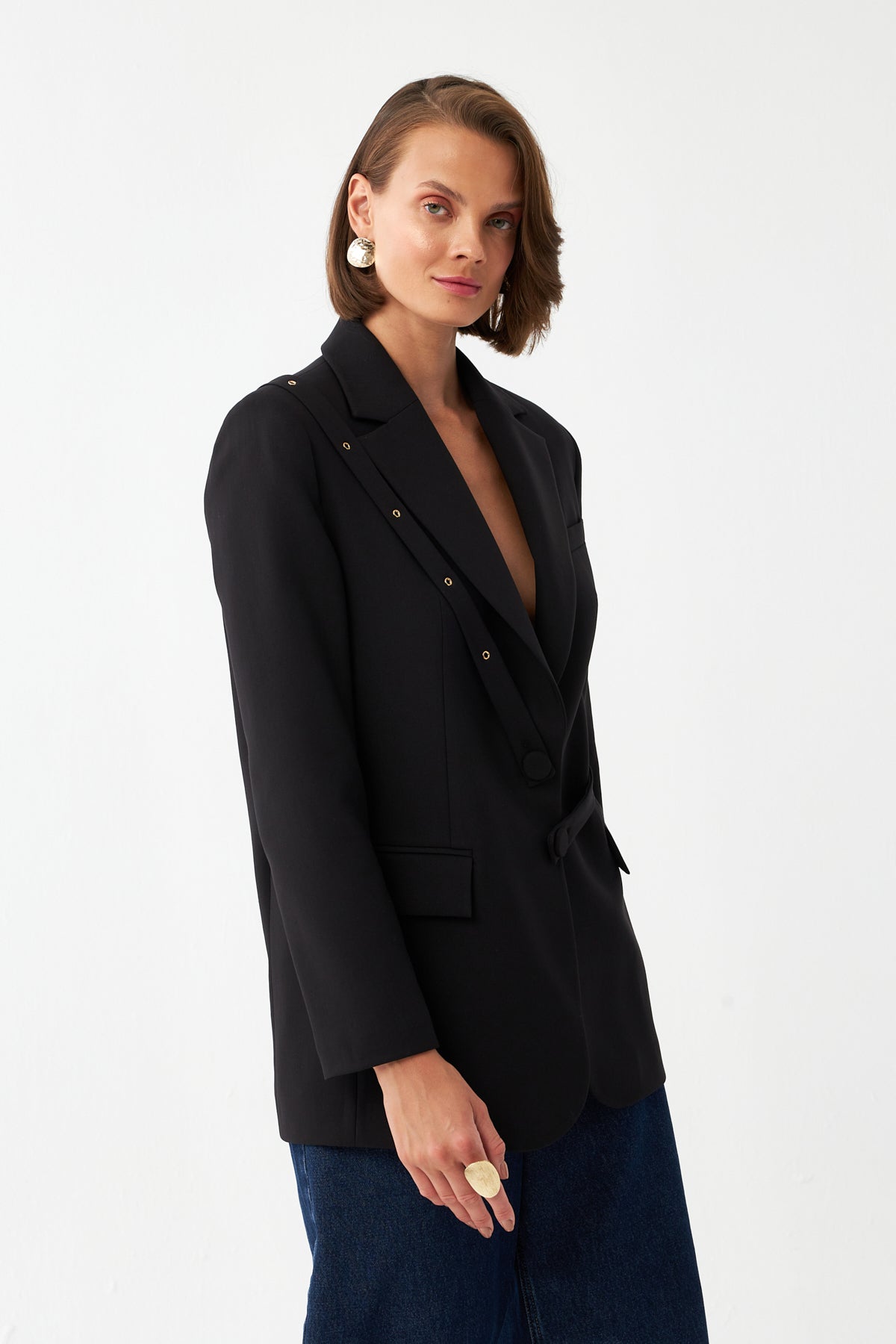 Düğme Detaylı Siyah Blazer Ceket