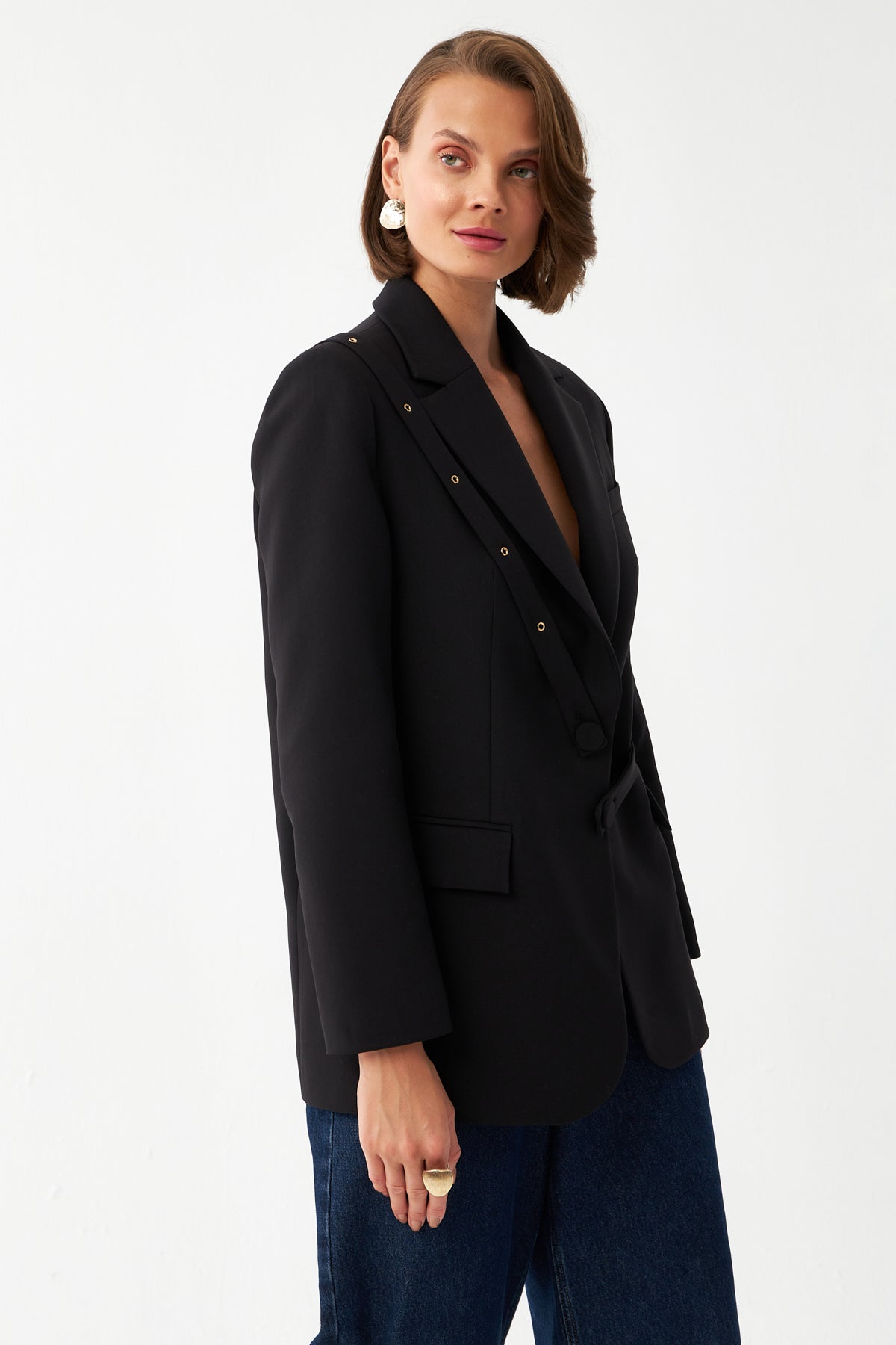 Düğme Detaylı Siyah Blazer Ceket