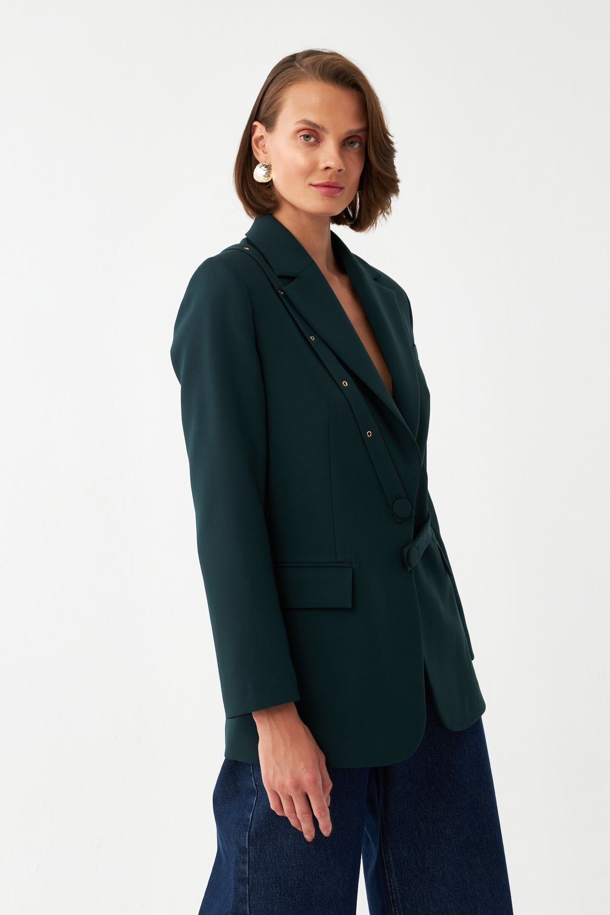 Düğme Detaylı Yeşil Blazer Ceket