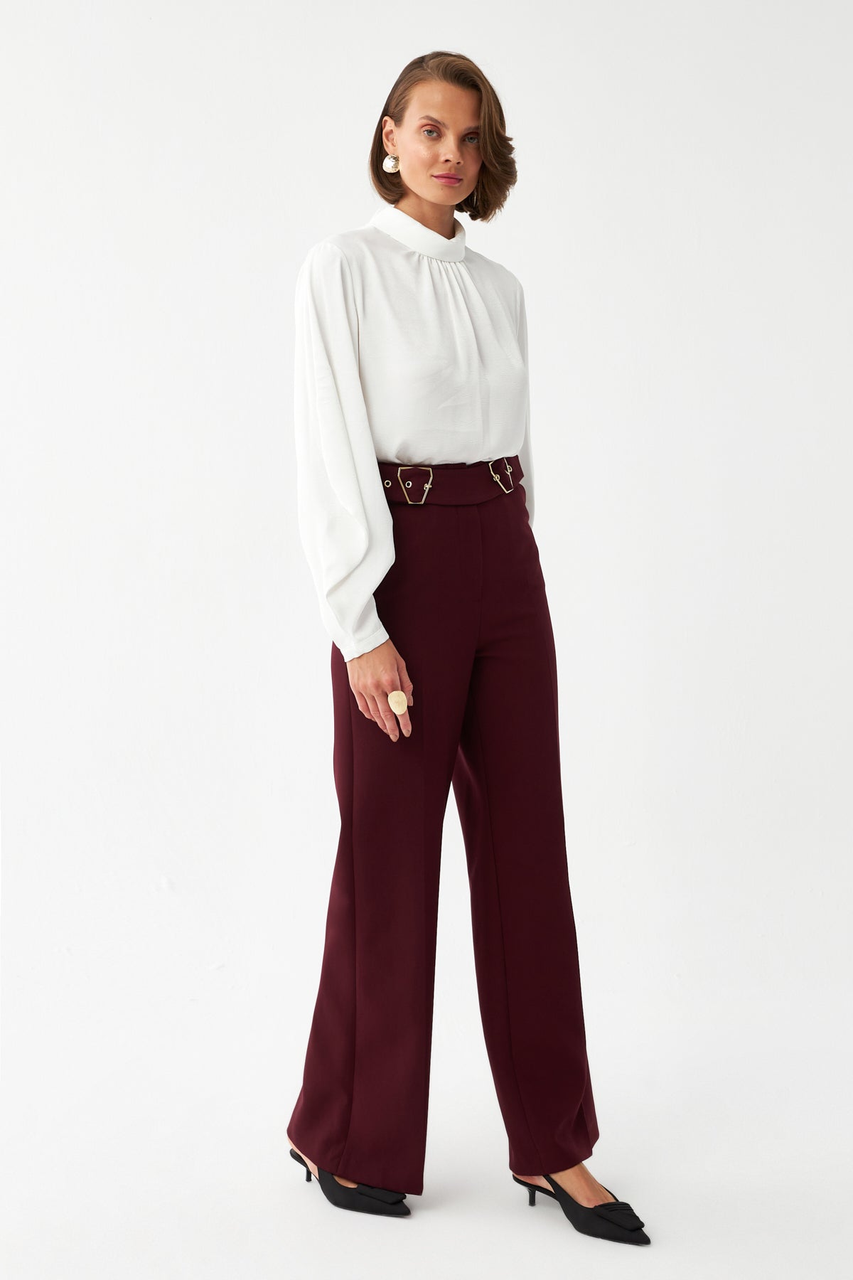 Çift Tokalı Yüksek Bel Pantolon