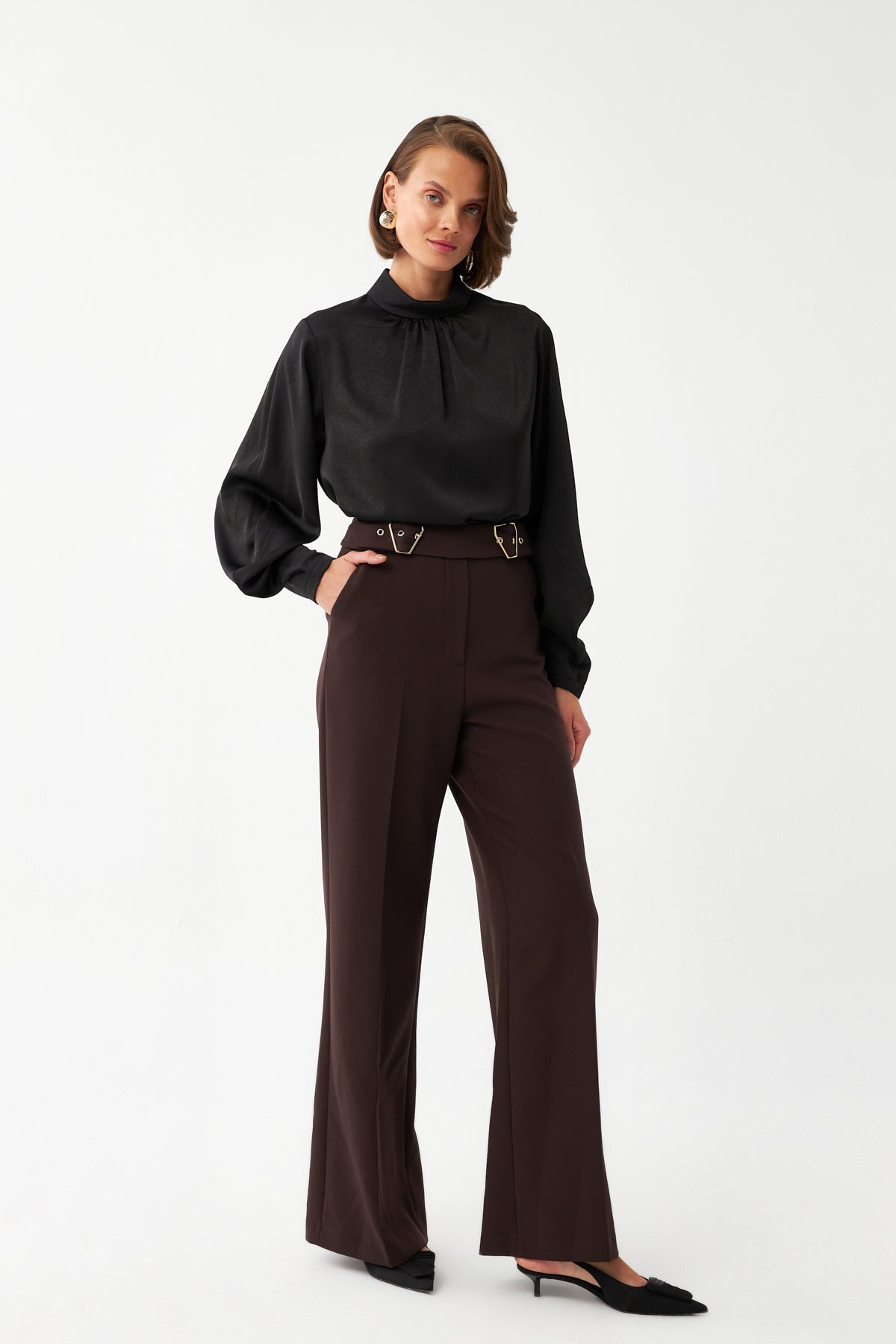 Çift Tokalı Yüksek Bel Pantolon