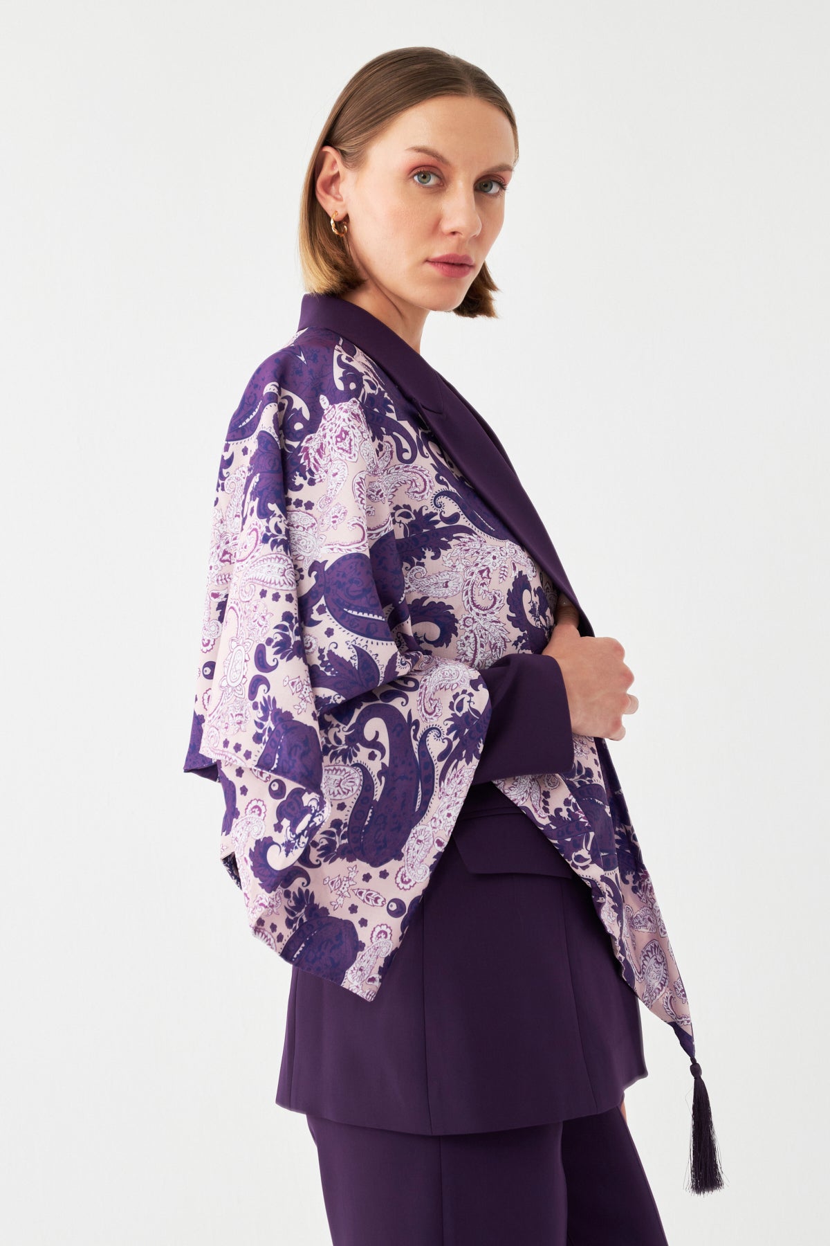 Desen Detaylı Mor Blazer Takım