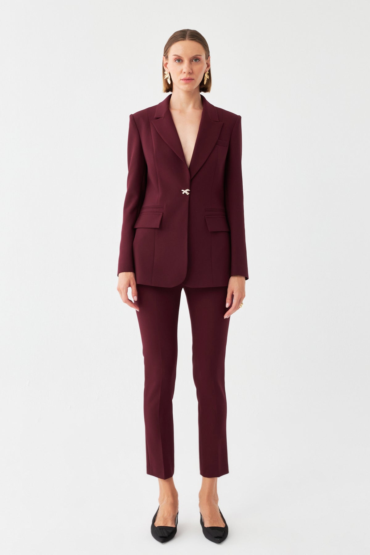 Özel Düğme Detaylı Bordo Blazer Takım