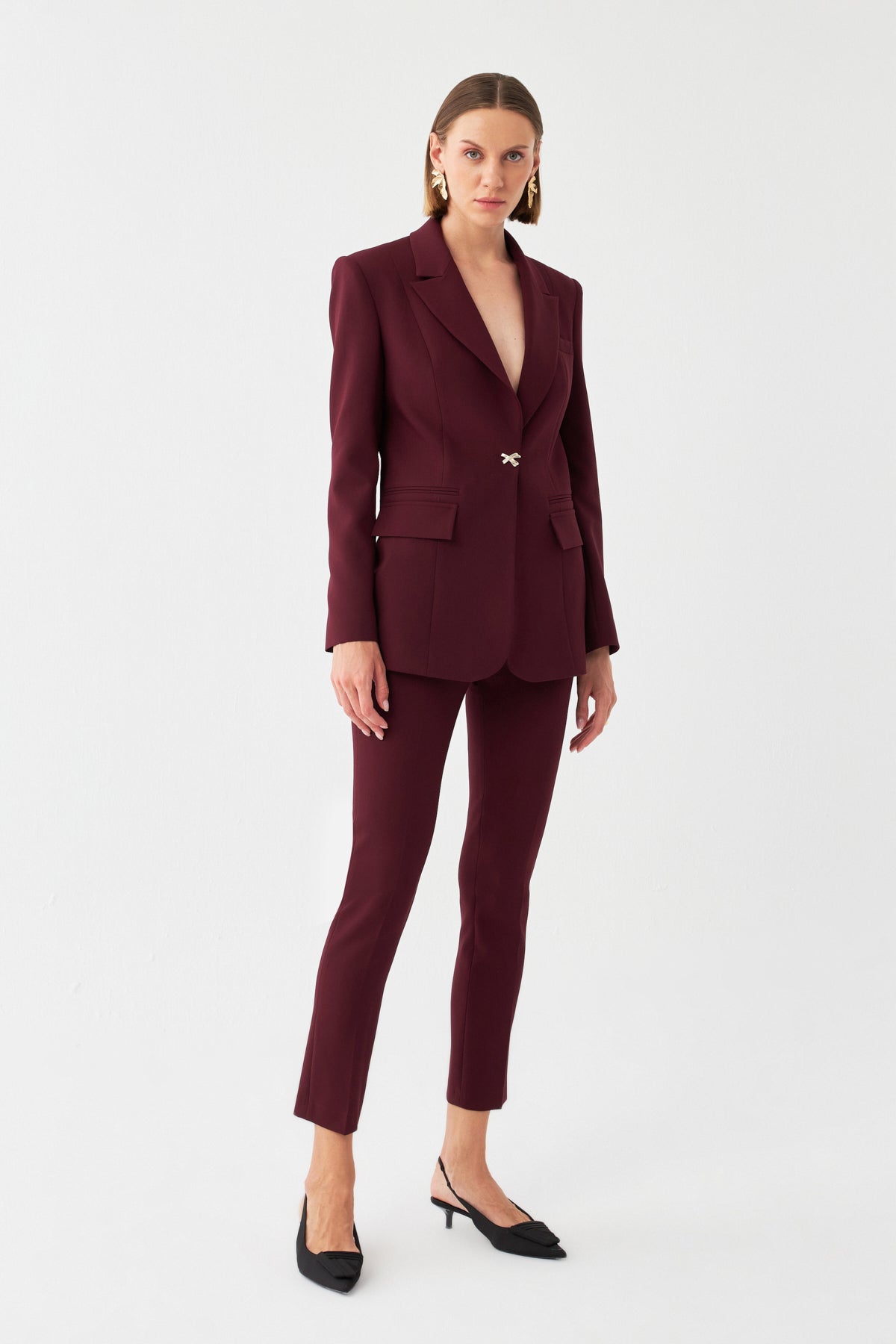 Özel Düğme Detaylı Bordo Blazer Takım