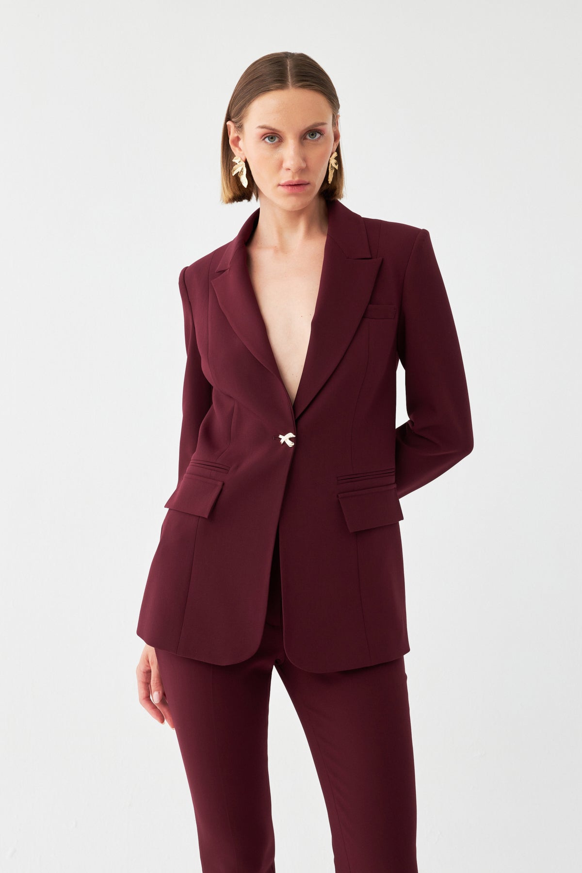 Özel Düğme Detaylı Bordo Blazer Takım