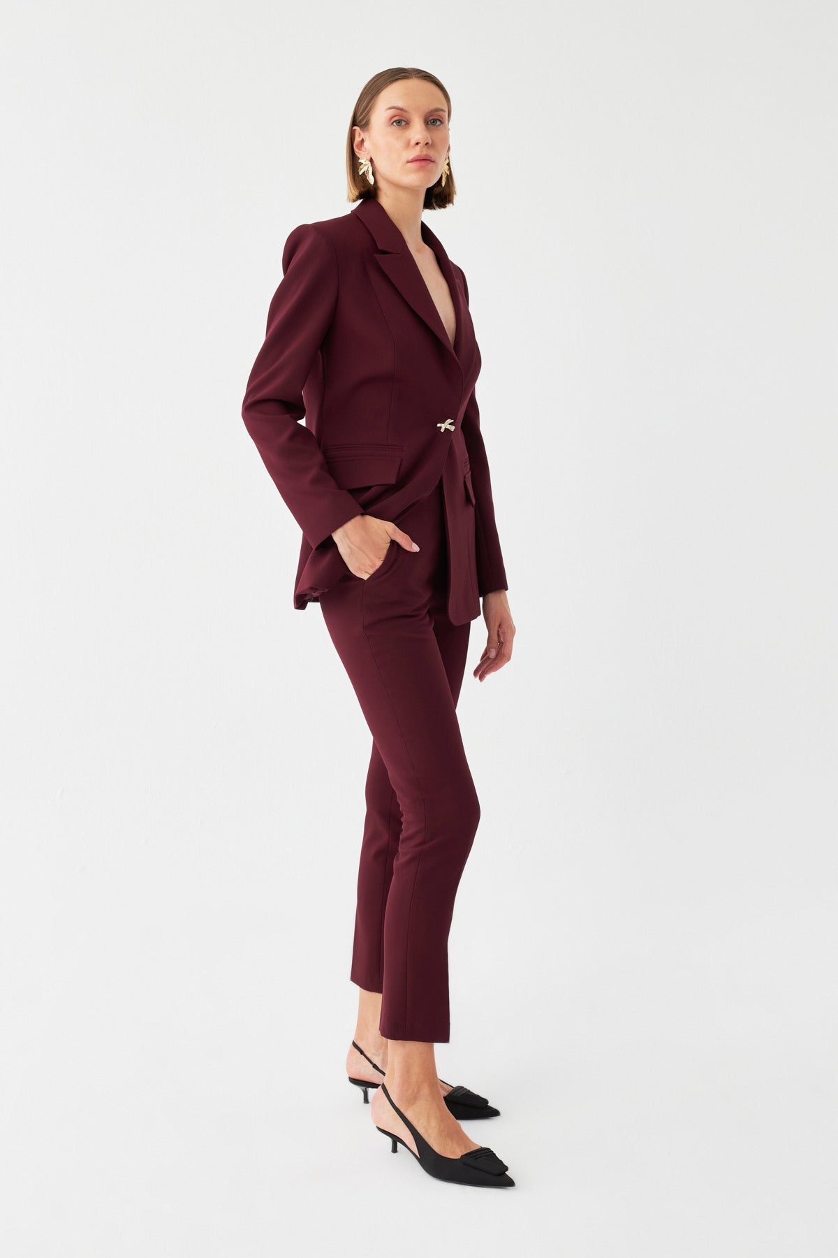 Özel Düğme Detaylı Bordo Blazer Takım