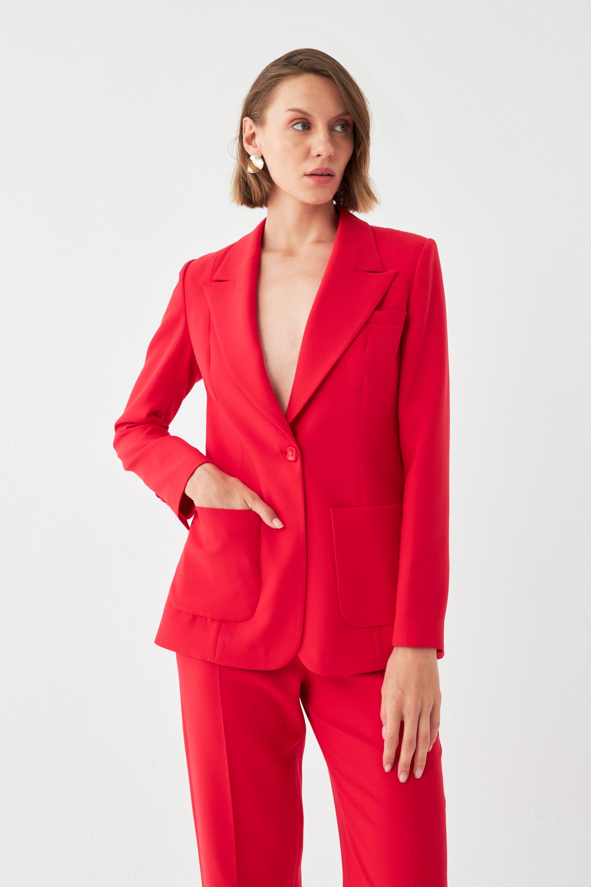 Tek Düğmeli Kırmızı Blazer & Pantolon
