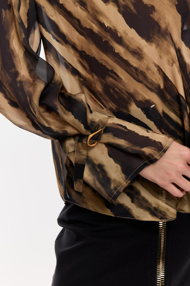 Desenli Saten Drapeli Bluz