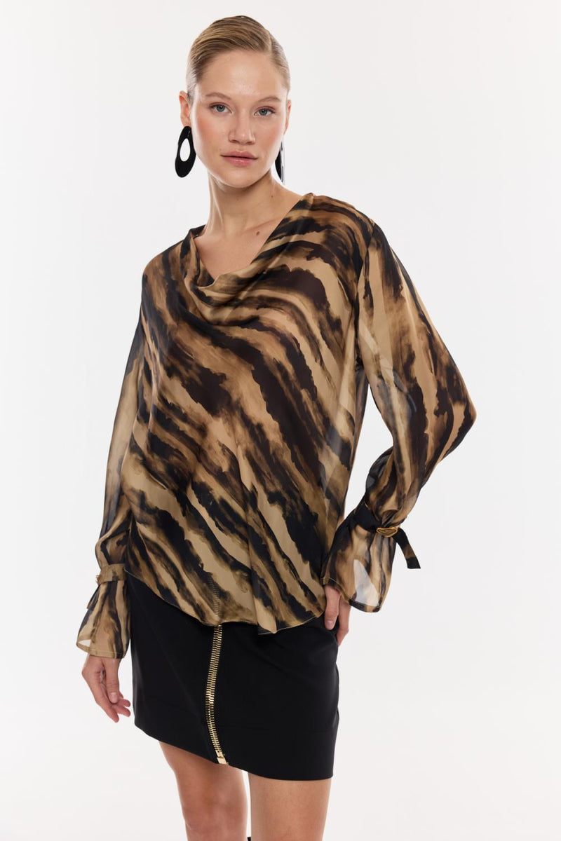 Desenli Saten Drapeli Bluz