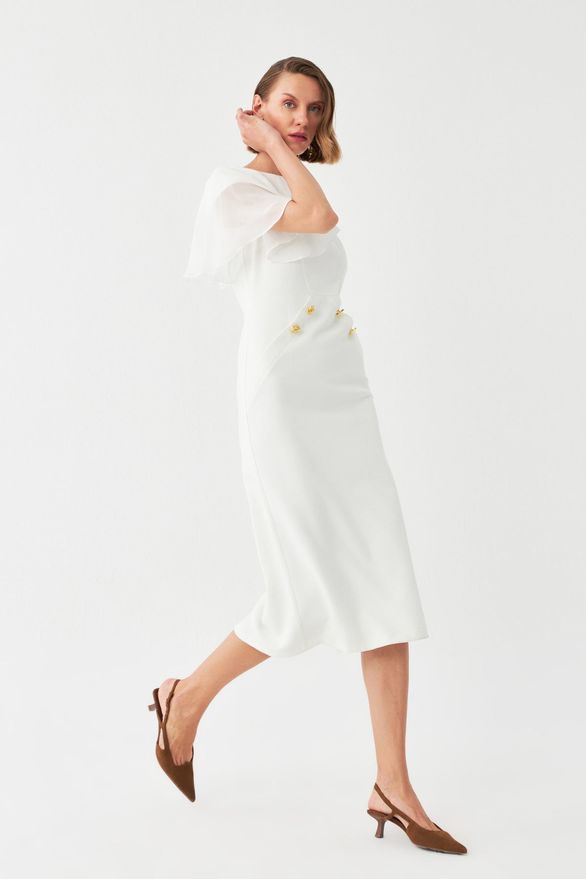 Aksesuar Mixli Midi Elbise EKRU