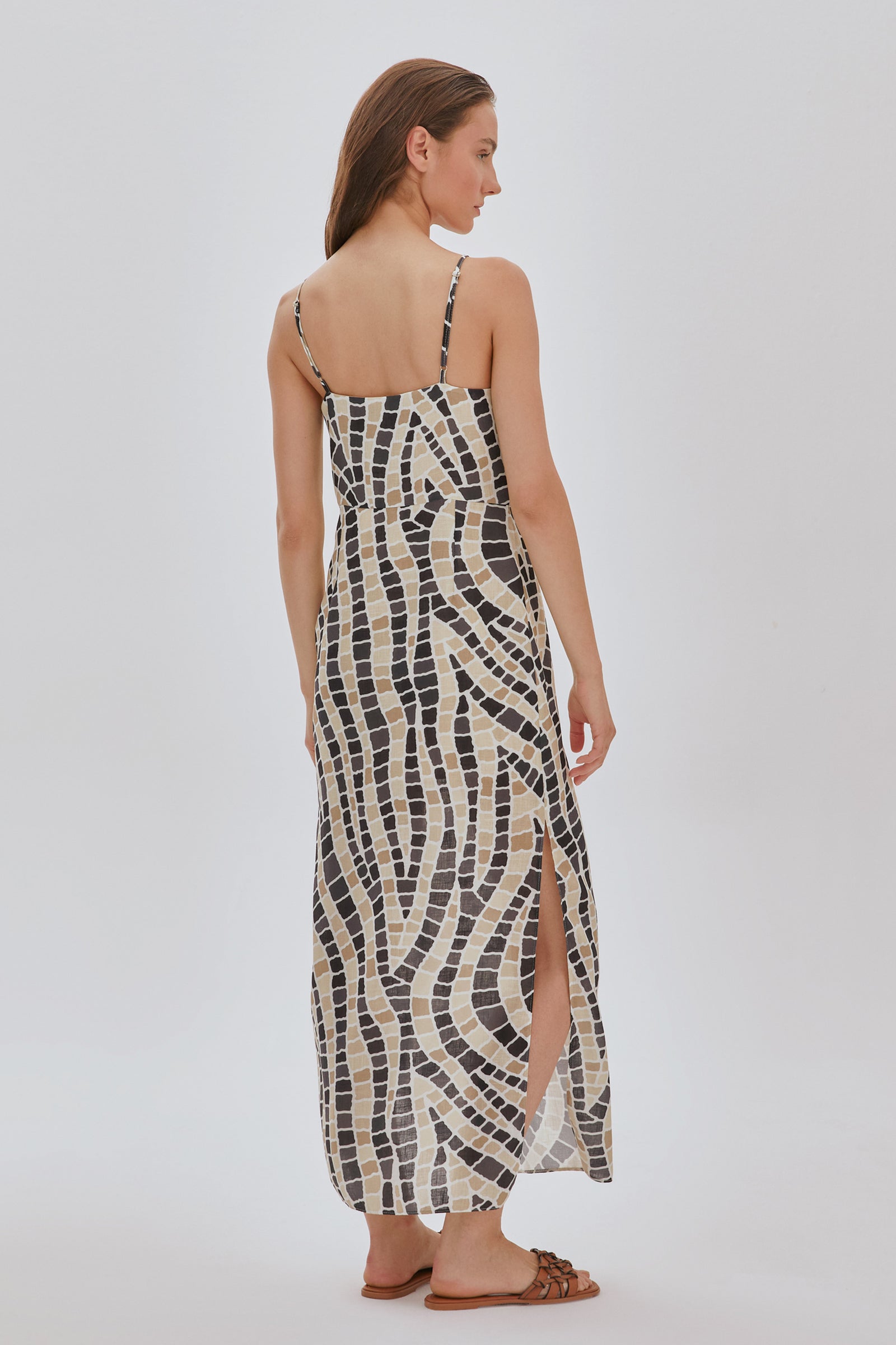 Desenli Keten Elbise BEJ