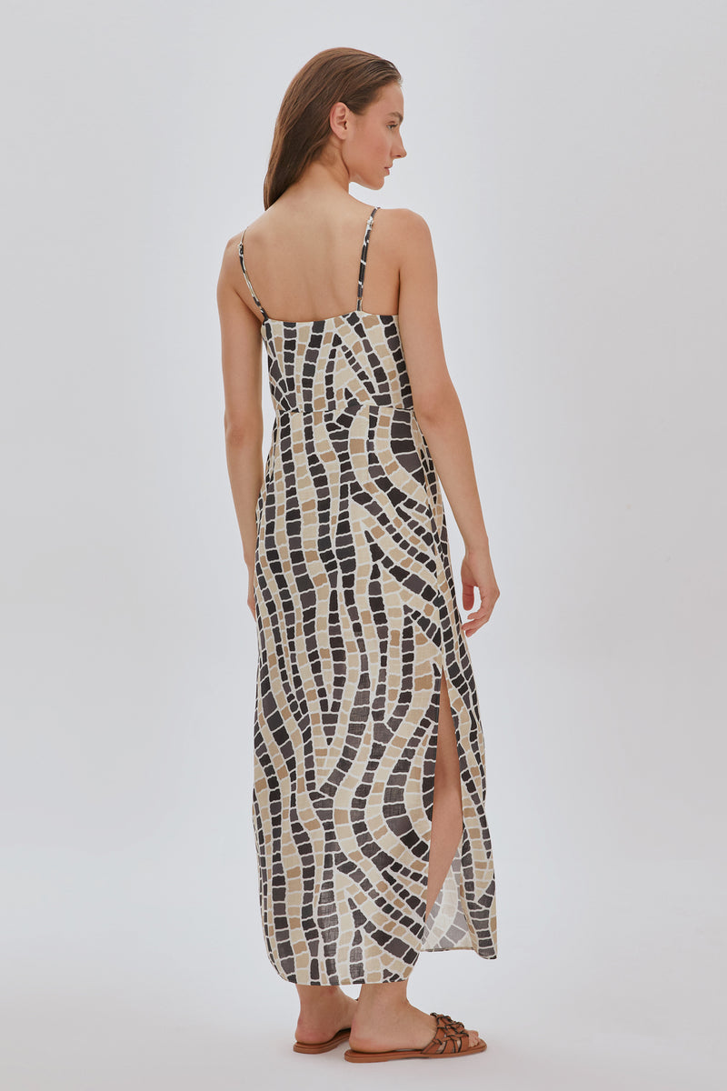 Desenli Keten Elbise BEJ