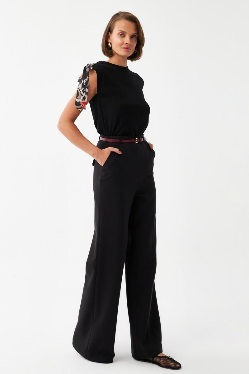 Dikiş Detaylı Kemerli Pantolon SİYAH