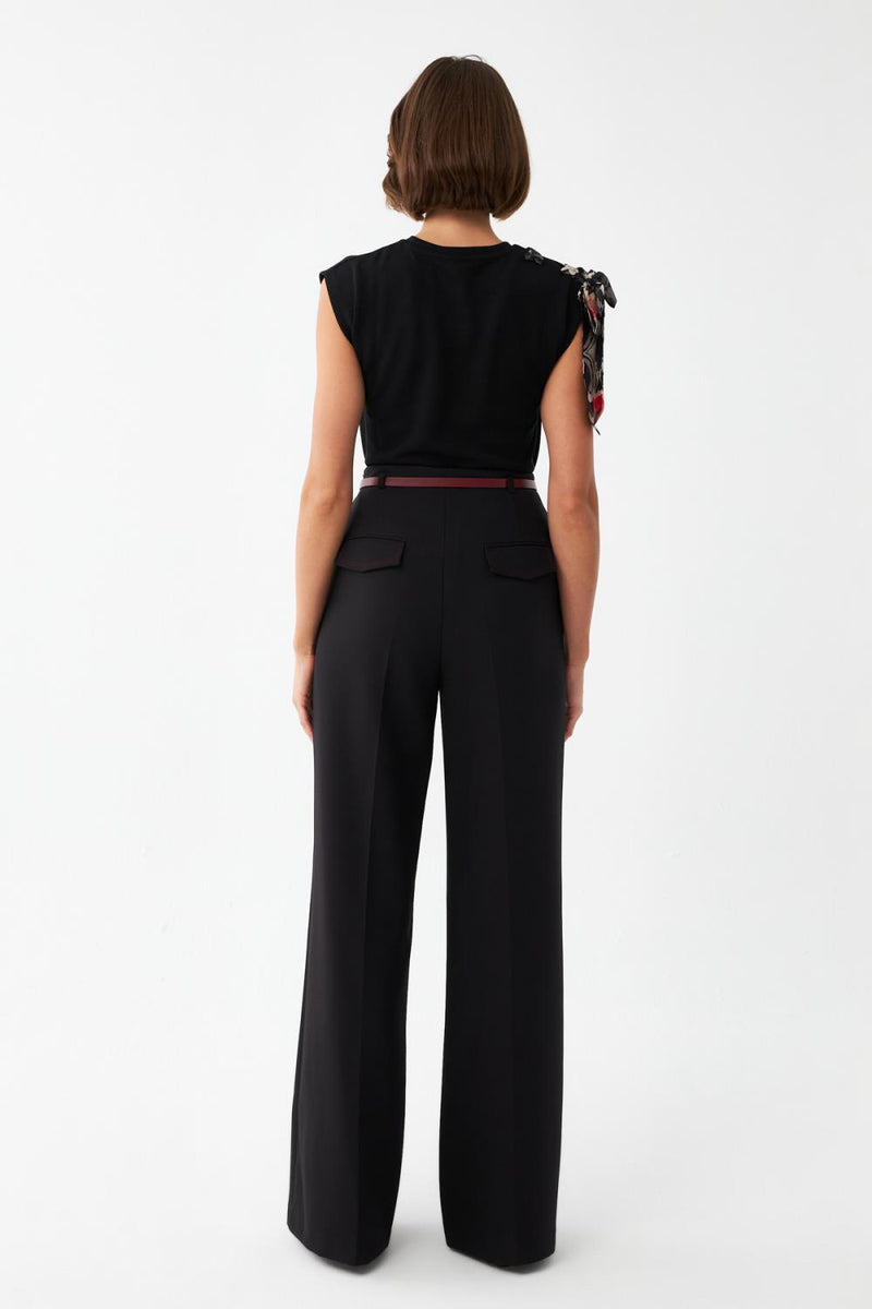 Dikiş Detaylı Kemerli Pantolon SİYAH