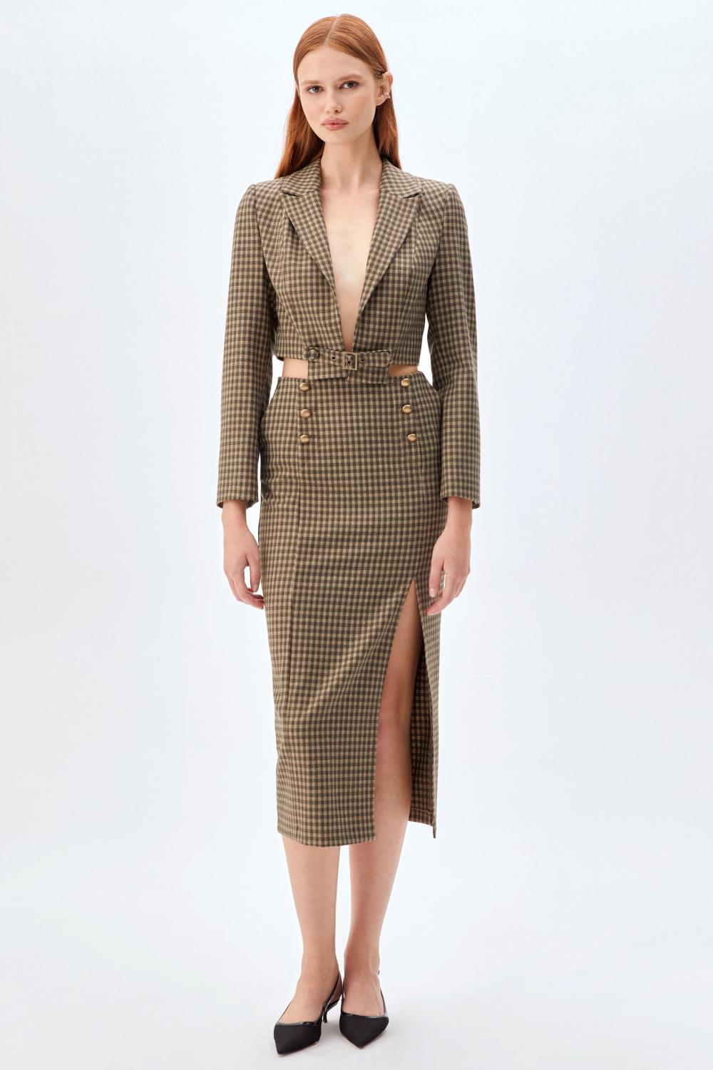 Ekose Desenli Crop Ceket, Kalem Etek Takım