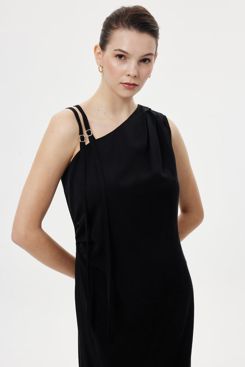 Omuz Detaylı Uzun Elbise SİYAH