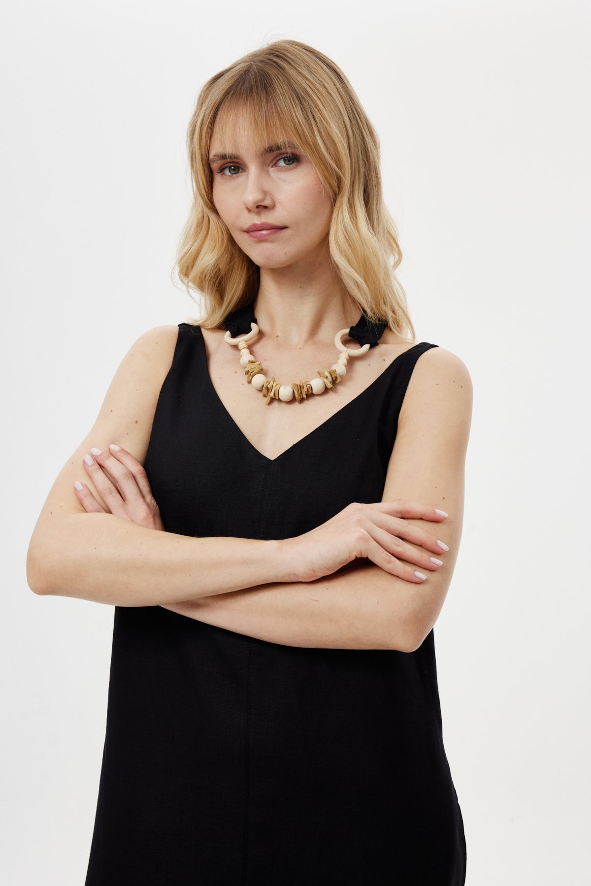 Kolyeli Keten Elbise SİYAH