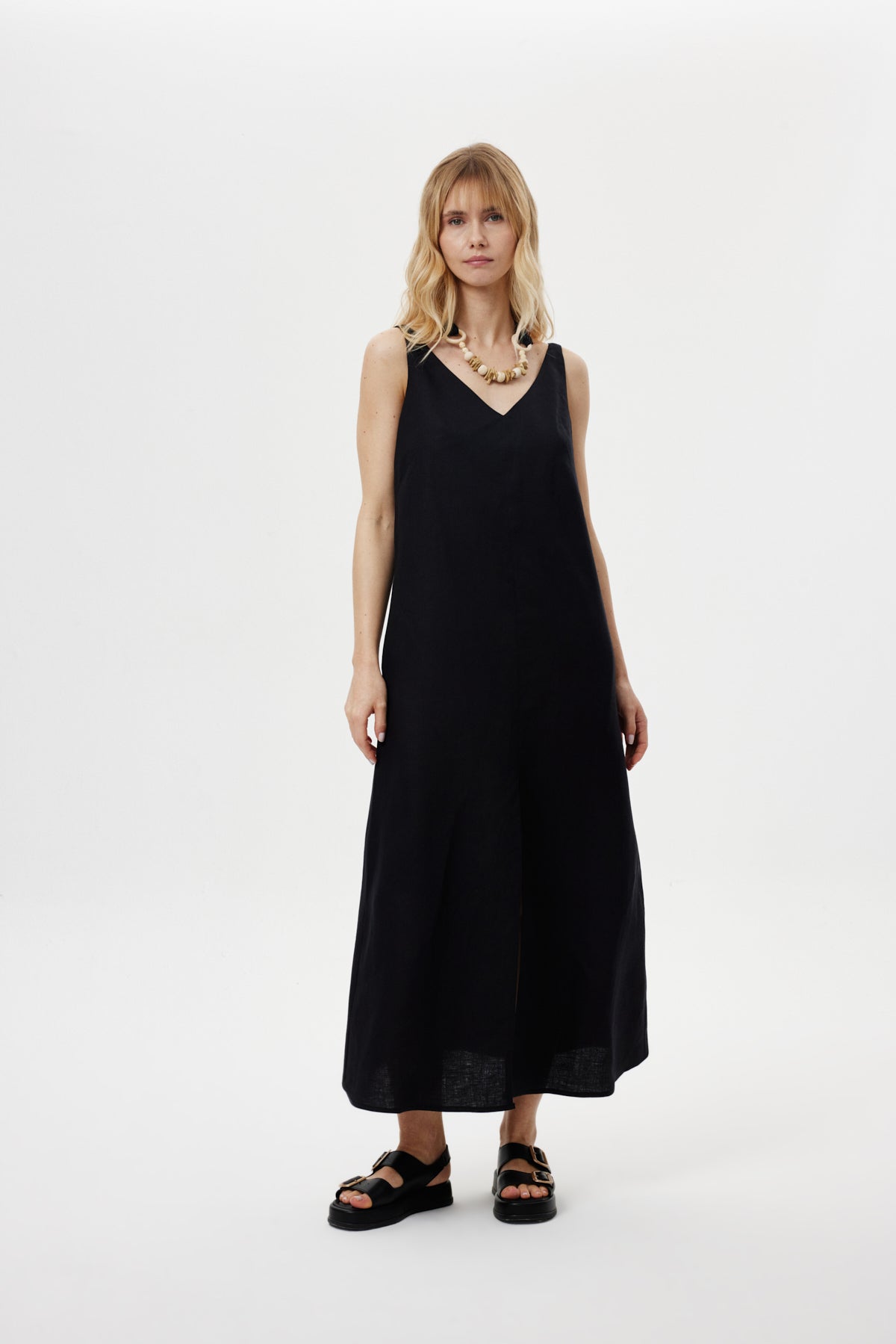 Kolyeli Keten Elbise SİYAH