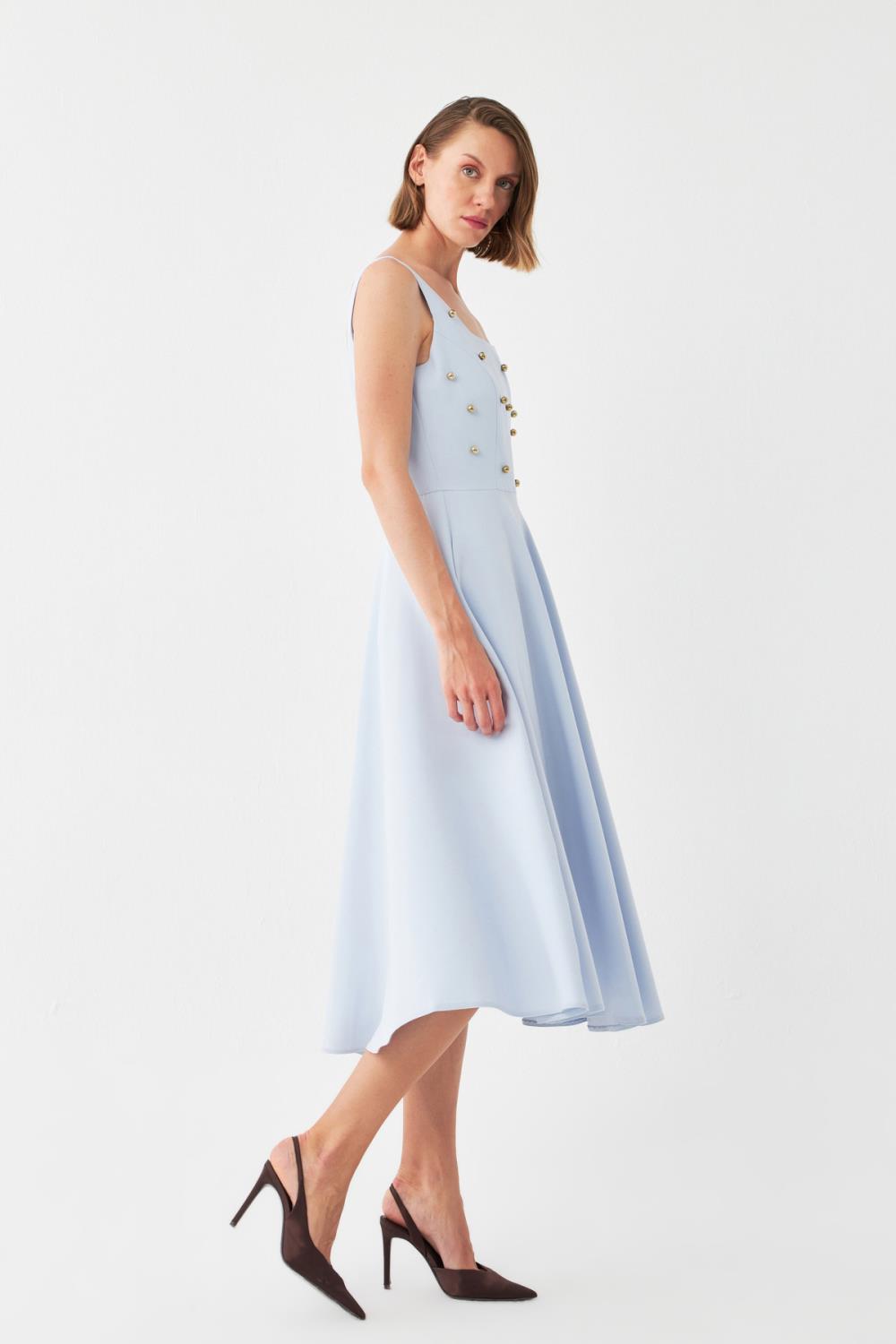 İnci Düğmeli Midi Elbise