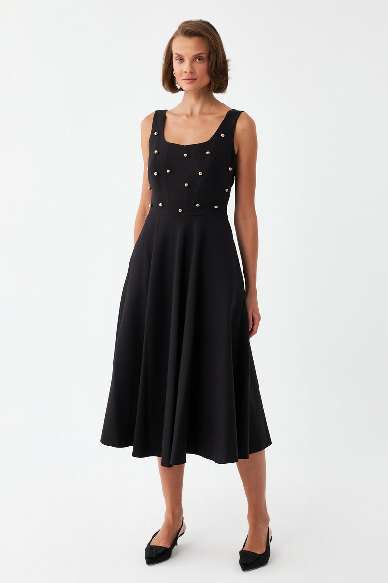 İnci Düğmeli Midi Elbise