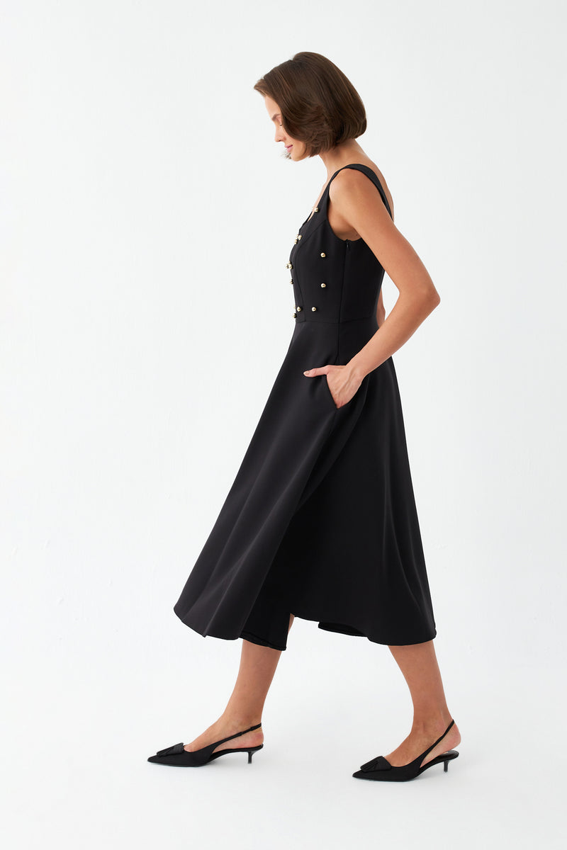 İnci Düğmeli Midi Elbise