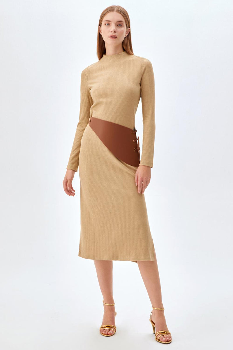 Kemerli, Bisiklet Yaka Elbise BEJ