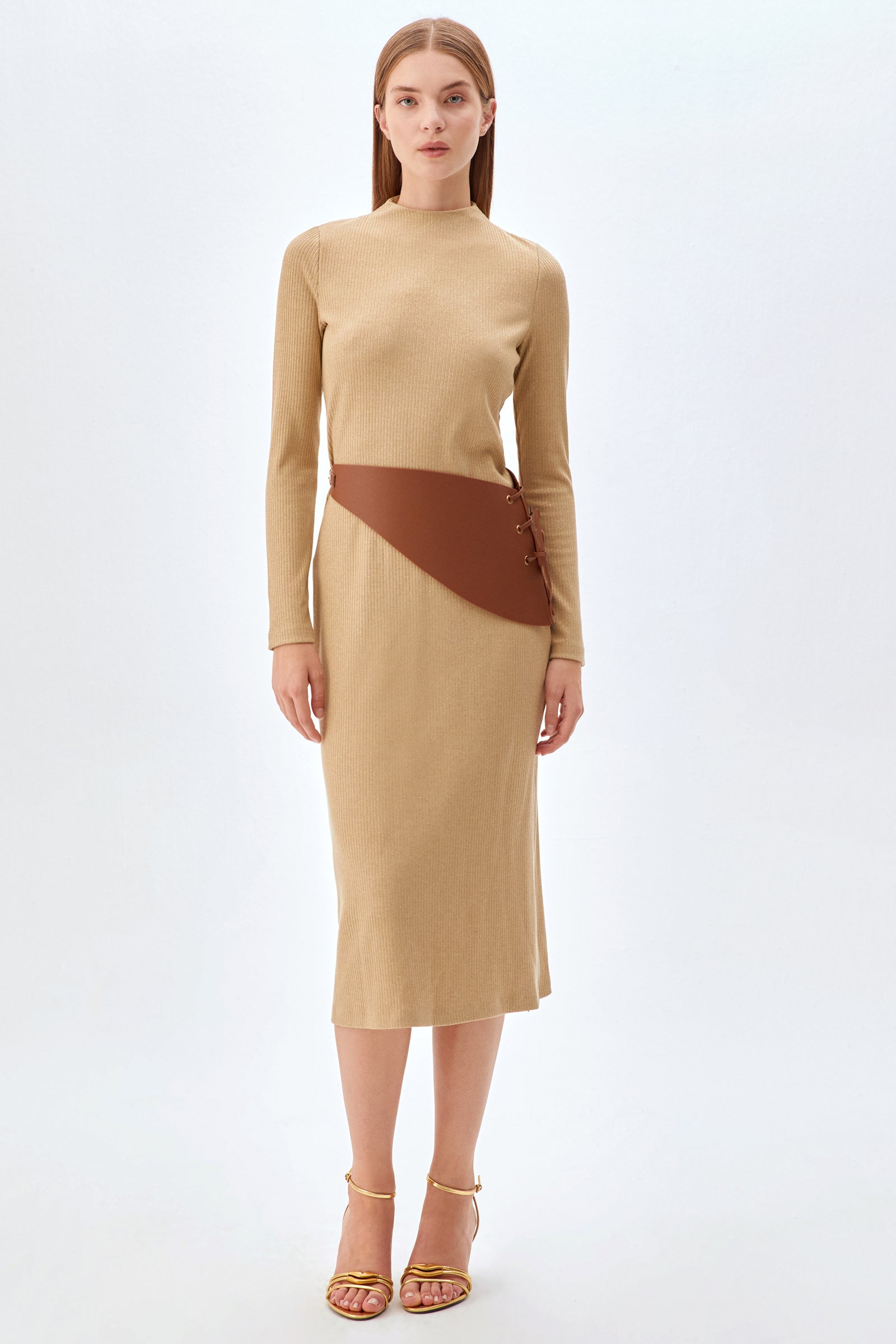 Kemerli, Bisiklet Yaka Elbise BEJ