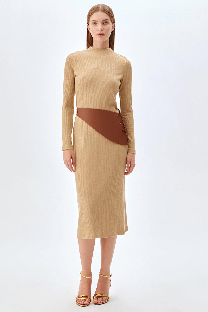 Kemerli, Bisiklet Yaka Elbise BEJ