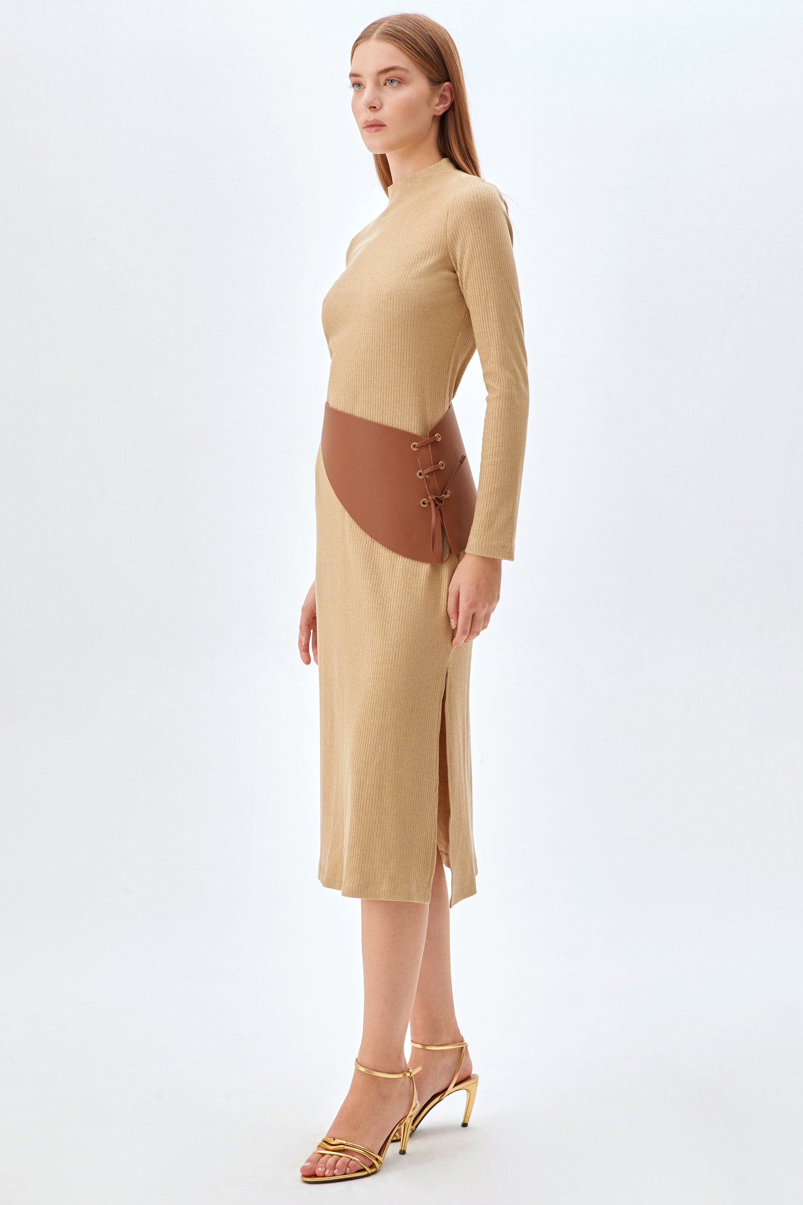 Kemerli, Bisiklet Yaka Elbise BEJ