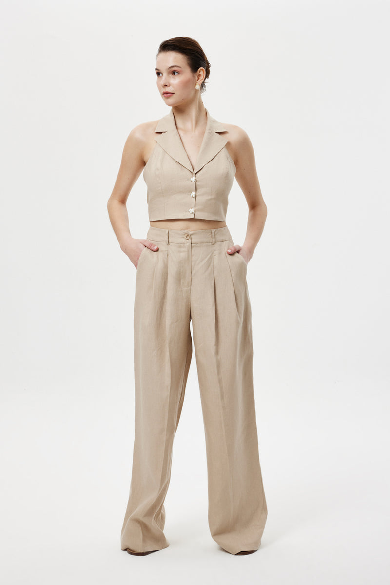 Pileli  Keten  Pantolon