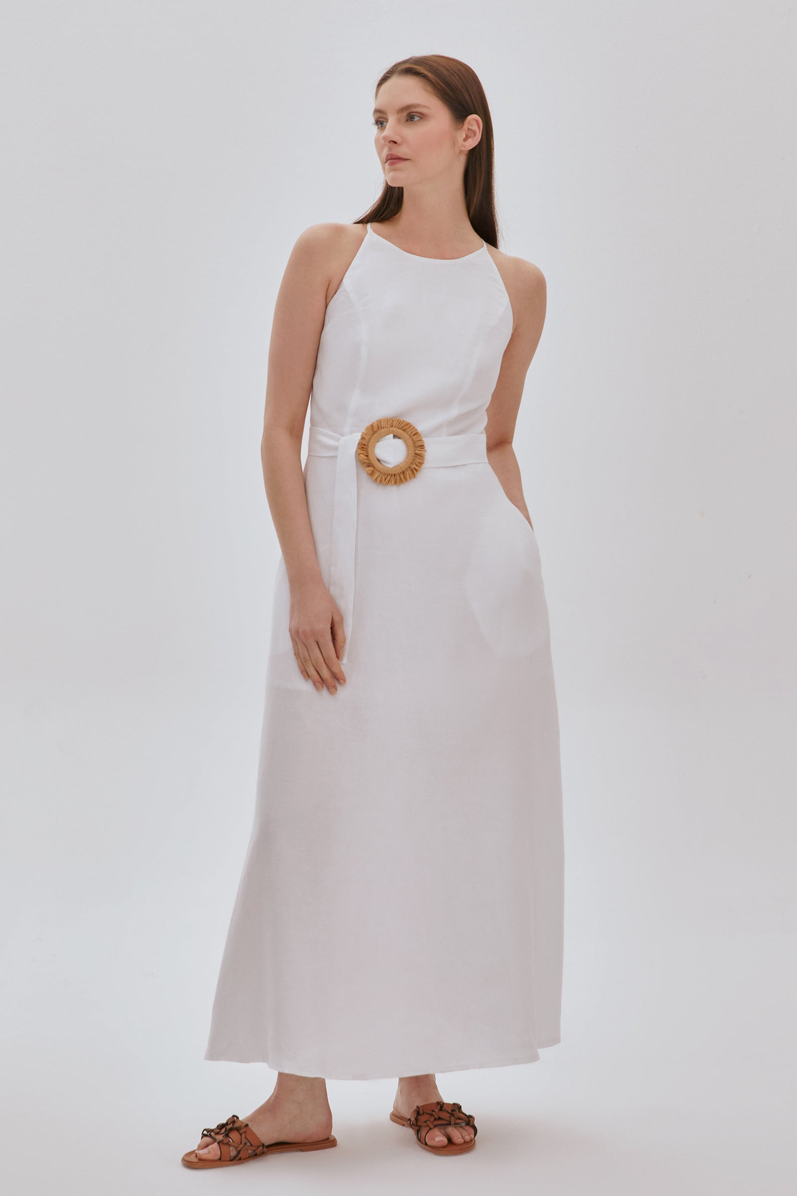 Kemerli Keten Midi Elbise BEYAZ