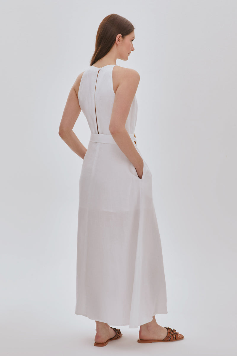 Kemerli Keten Midi Elbise BEYAZ