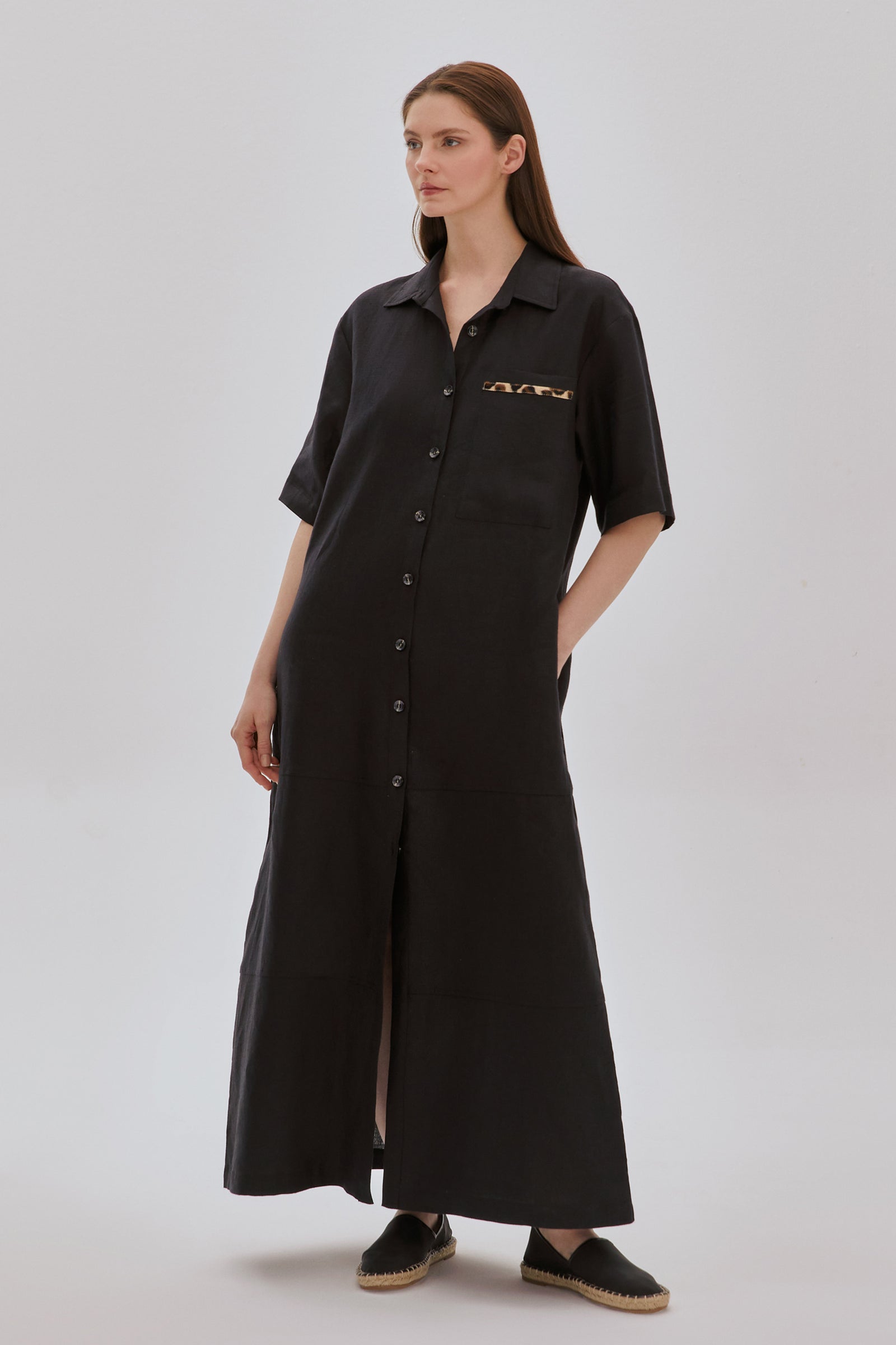 Leopar Şeritli Uzun Keten Elbise