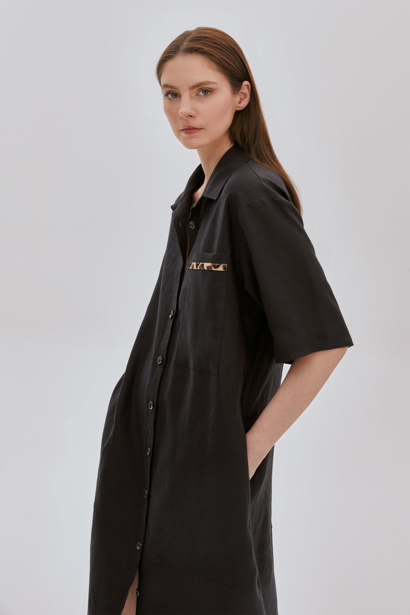 Leopar Şeritli Uzun Keten Elbise