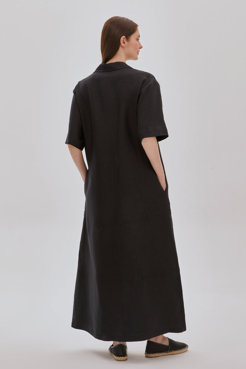 Leopar Şeritli Uzun Keten Elbise