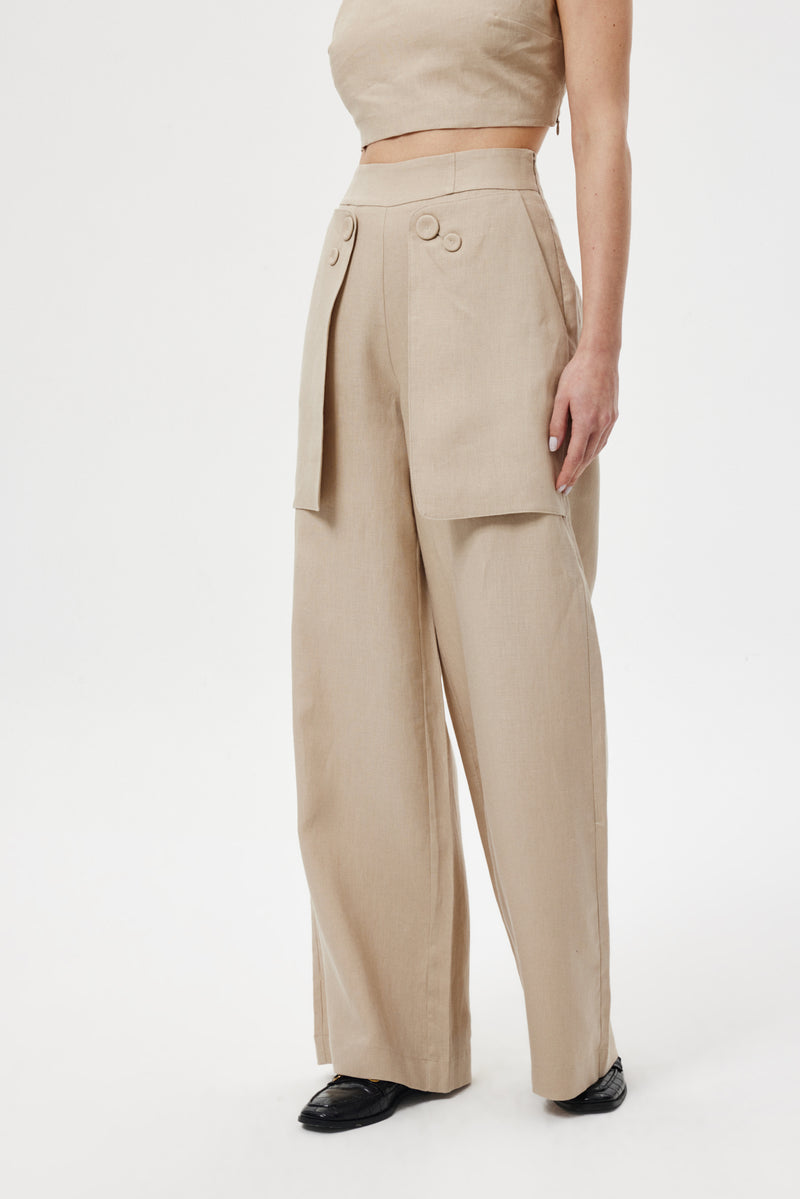 Cep Detaylı Keten Pantolon