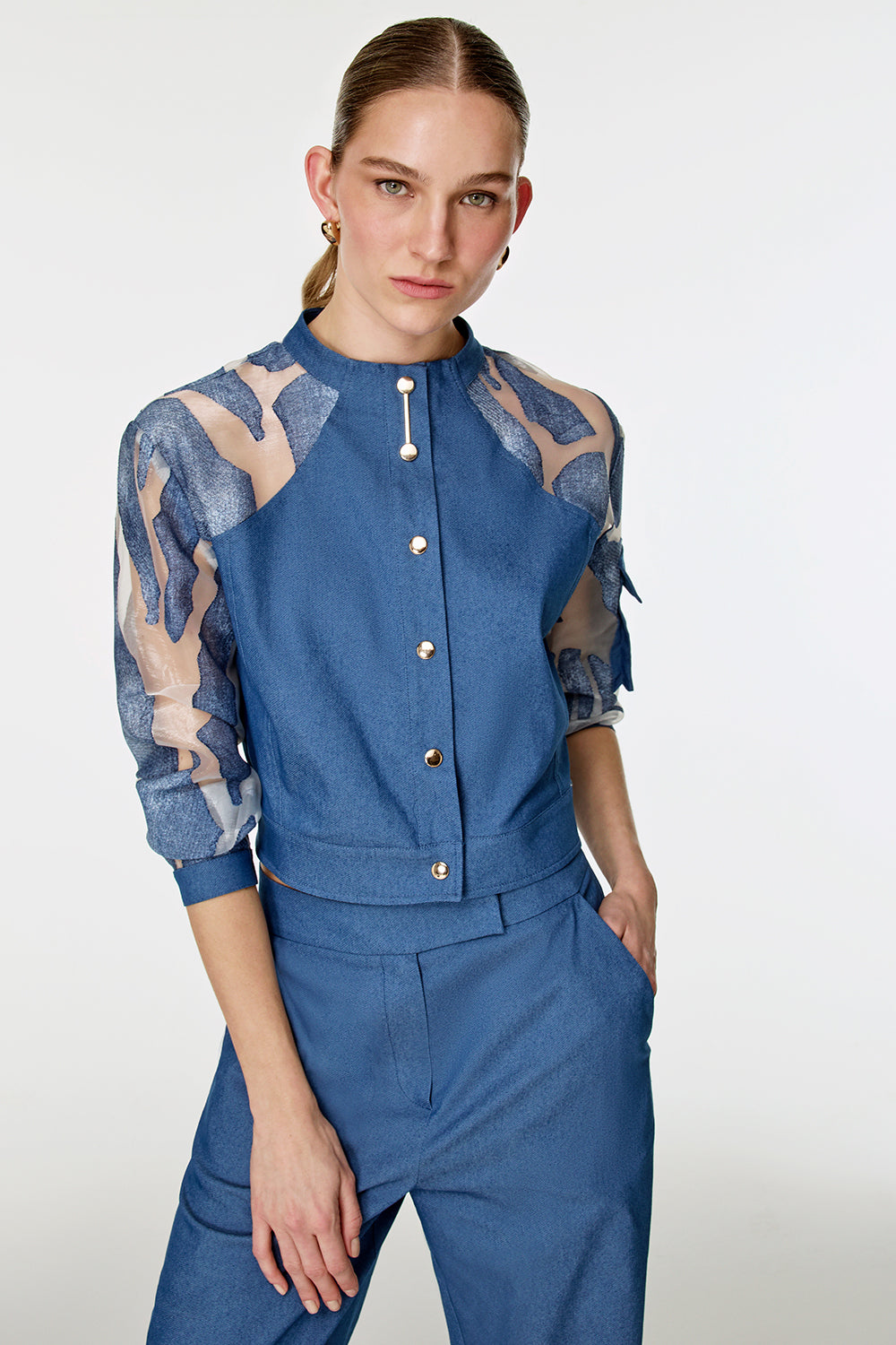Organze Garnili Denim Görünümlü Takım İndigo