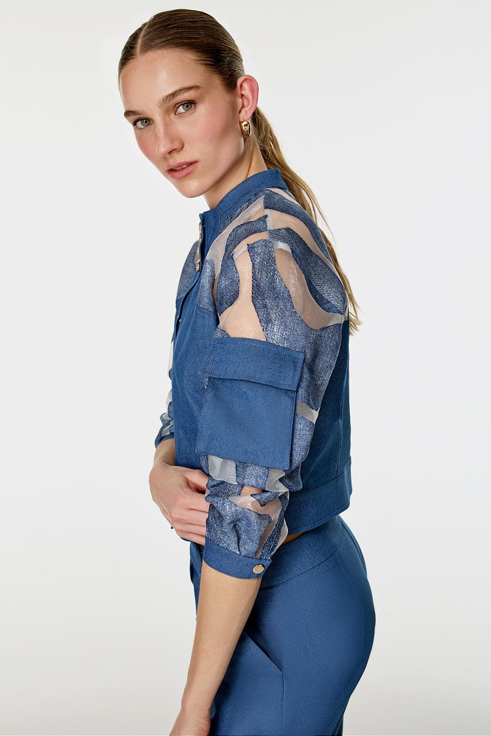 Organze Garnili Denim Görünümlü Takım İndigo
