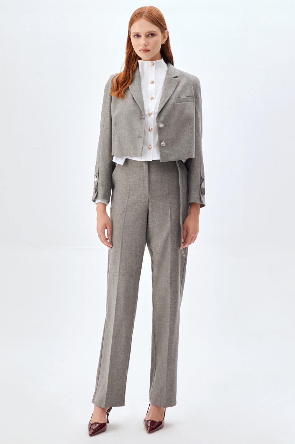 Yün Kumaş, Crop Ceket ve Kemerli Pantolon Takım GRİ