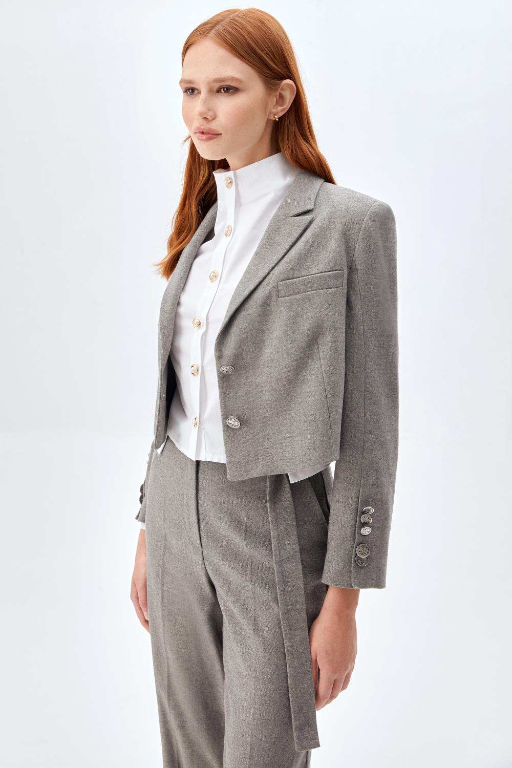 Yün Kumaş, Crop Ceket ve Kemerli Pantolon Takım GRİ