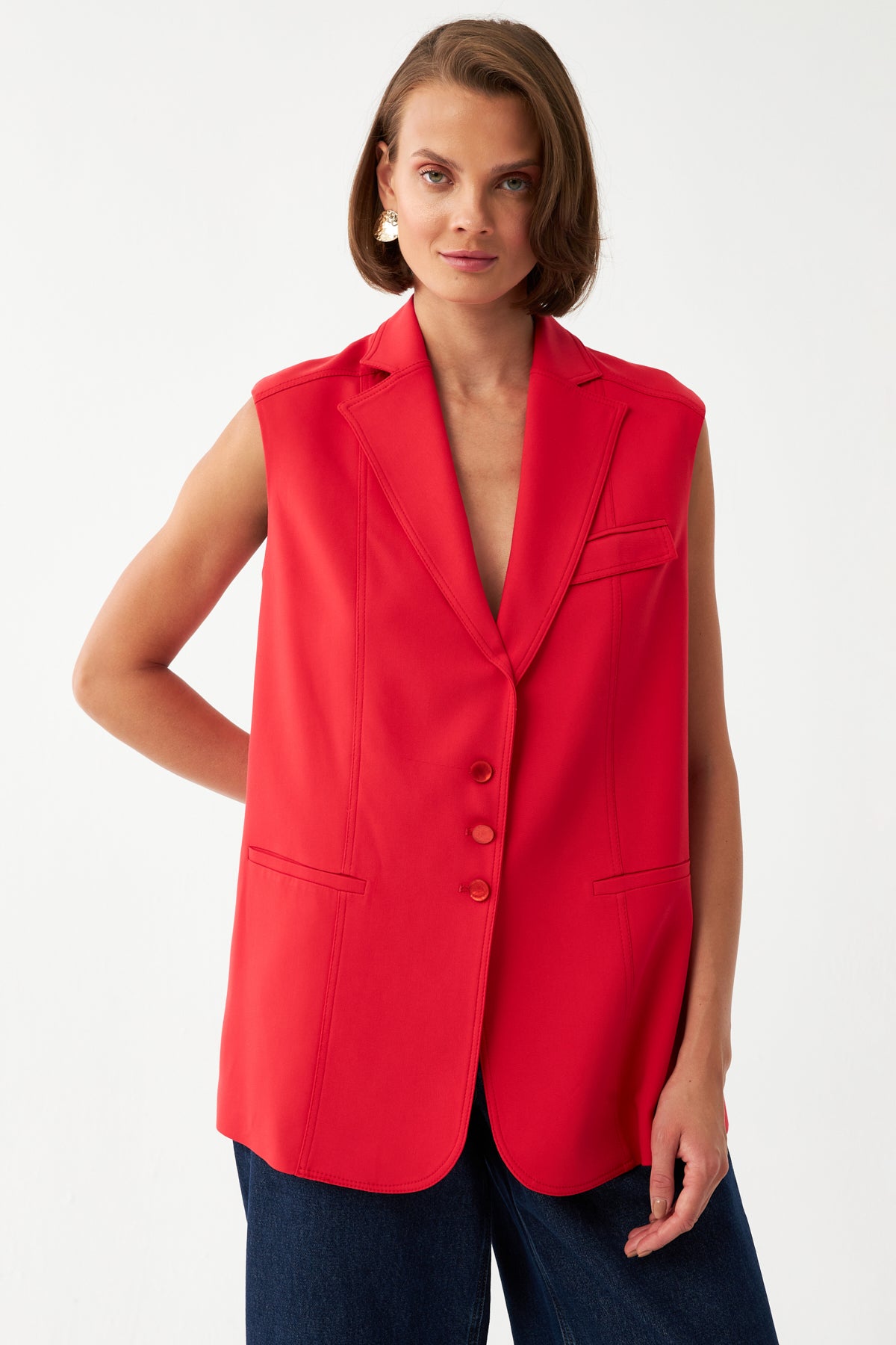 Kolsuz Kırmızı Blazer Yelek