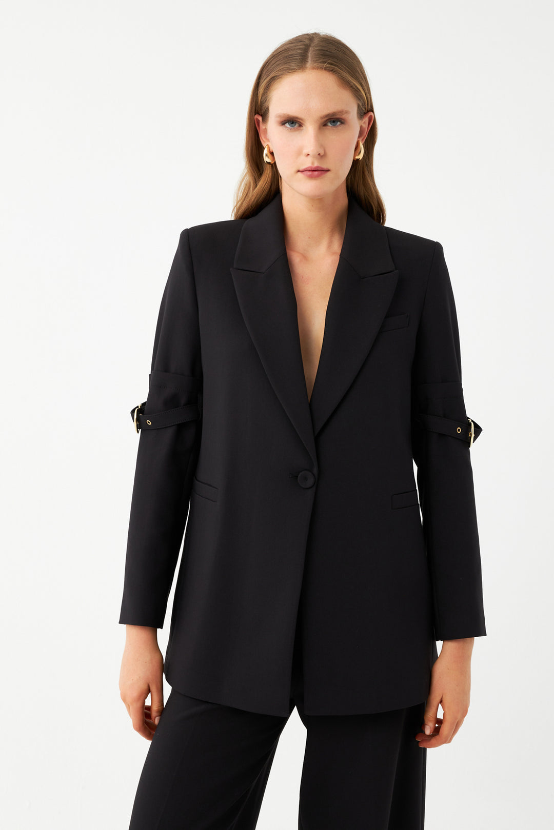 Siyah Gold Tokalı Kol Detaylı Kadın Blazer Ceket