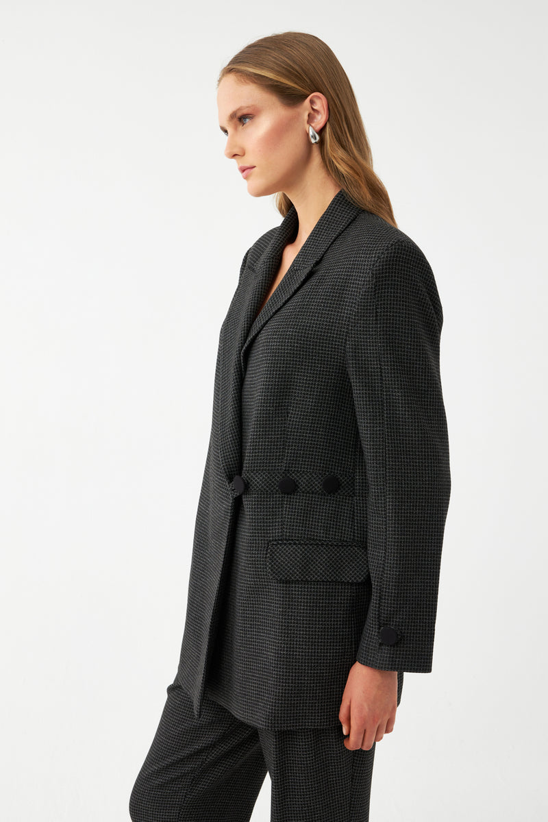 Desenli Siyah Düğme Detaylı Kadın Blazer Ceket