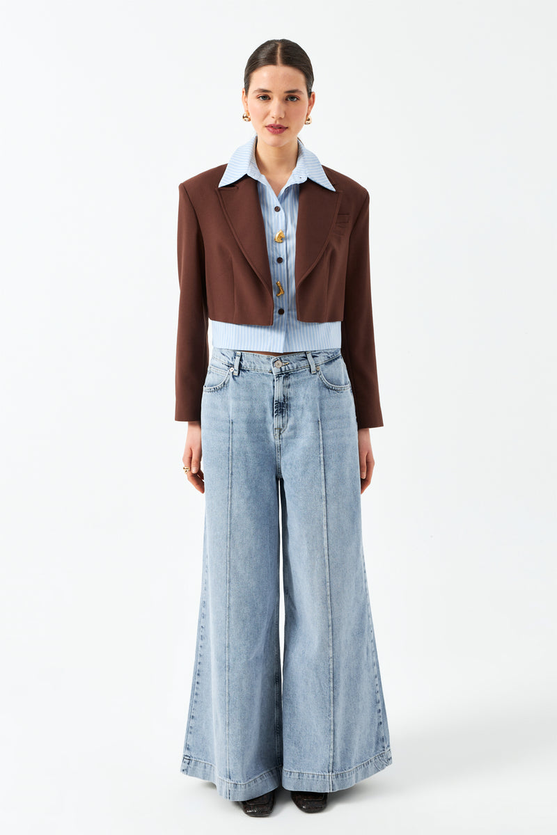Düğmeli Kısa Blazer Ceket - Kahverengi
