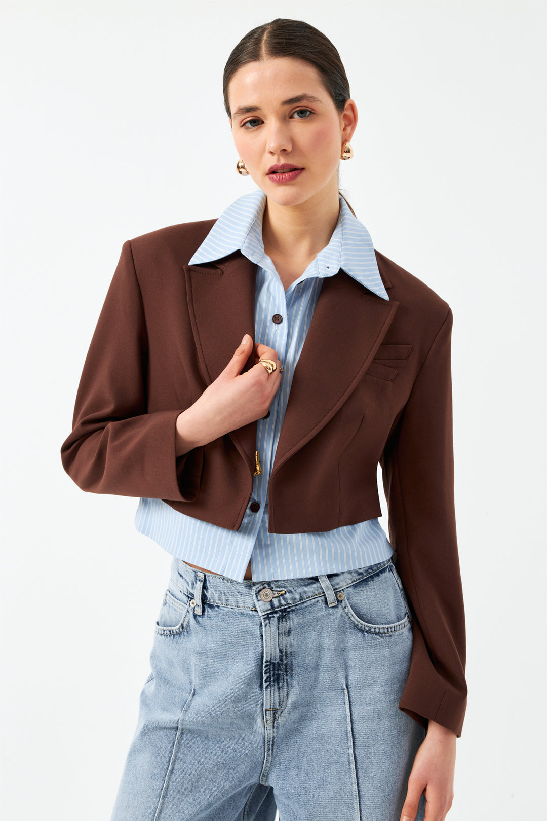 Düğmeli Kısa Blazer Ceket - Kahverengi