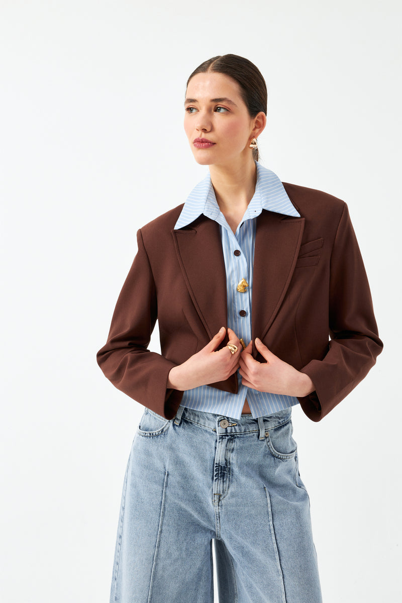 Düğmeli Kısa Blazer Ceket - Kahverengi