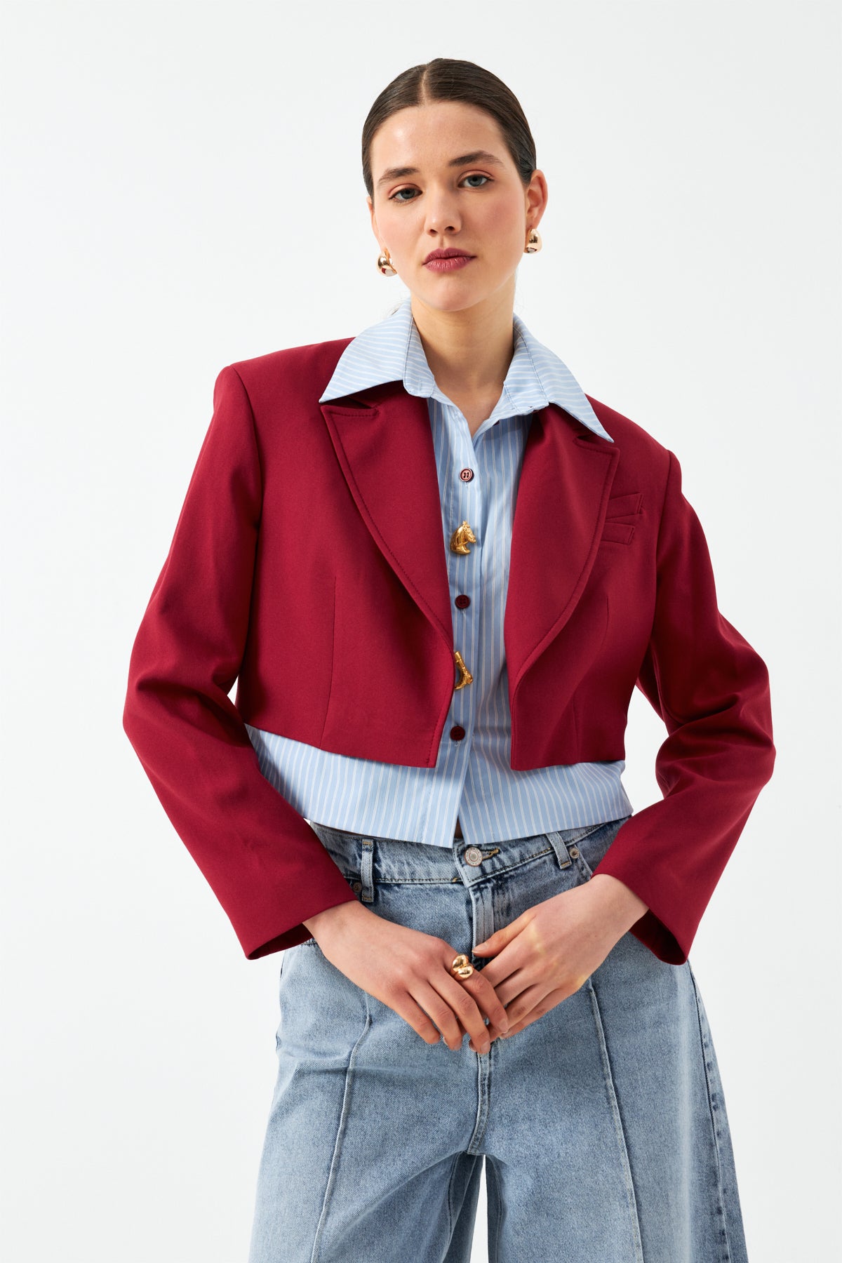 Düğmeli Kısa Blazer Ceket - Vişne
