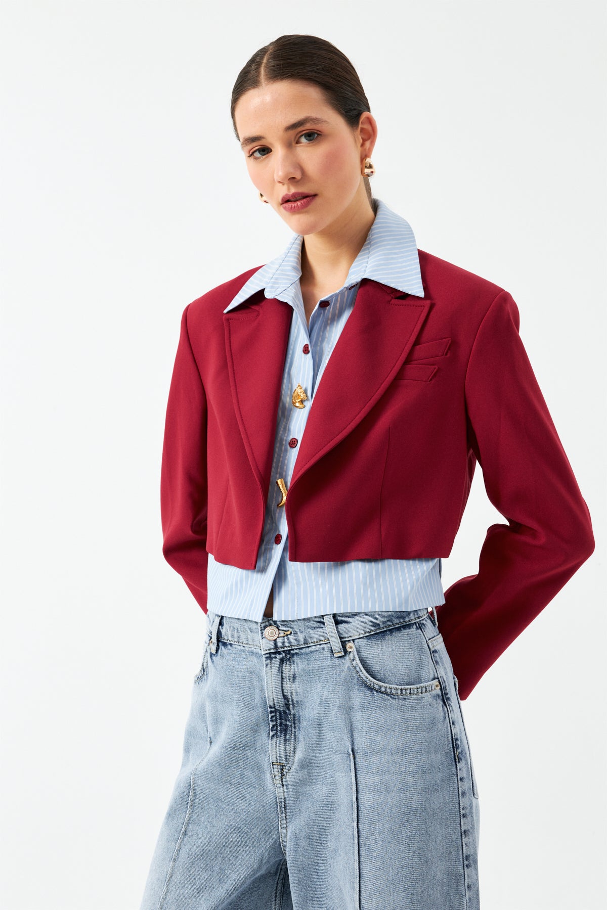 Düğmeli Kısa Blazer Ceket - Vişne